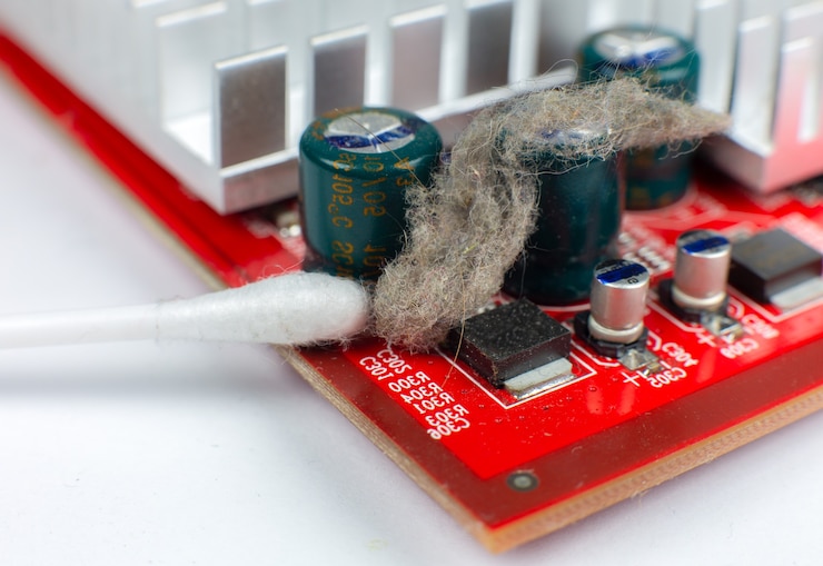 Foto detalles internos de la vieja computadora personal. placa base y tarjeta de video sucias en el polvo. el hombre está limpiando cables con un cepillo. microcircuito roto de pc.