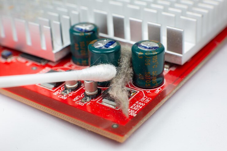 Foto detalles internos de la vieja computadora personal. placa base y tarjeta de video sucias en el polvo. el hombre está limpiando cables con un cepillo. microcircuito roto de pc.