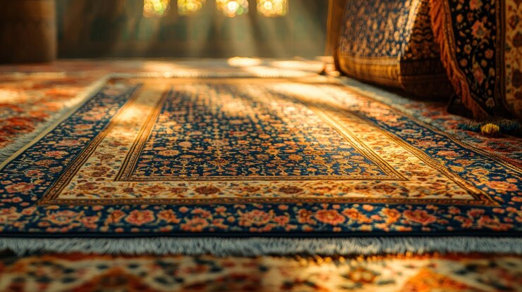 Detalles intrincados de alfombras con patrones iluminados por el sol diseño tradicional