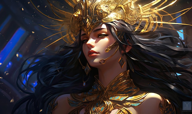 Con detalles intrincados y colores vibrantes, la ilustración da vida a la diosa Ishtar diseñada.