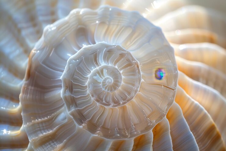 Foto detalles intrincados de una concha de mar en espiral en una costa arenosa que muestra patrones y texturas naturales bajo la brillante luz del sol