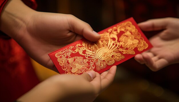 Detalles intrincados de sobres rojos conocidos como hongbao siendo intercambiados año nuevo chino