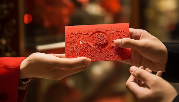 Detalles intrincados de sobres rojos conocidos como hongbao siendo intercambiados año nuevo chino