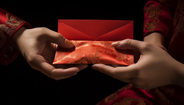 Foto detalles intrincados de sobres rojos conocidos como hongbao siendo intercambiados año nuevo chino