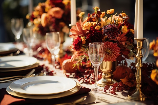 Detalles de la mesa de decoración otoñal de cerca Diseño de lujo festivo para vacaciones o bodas