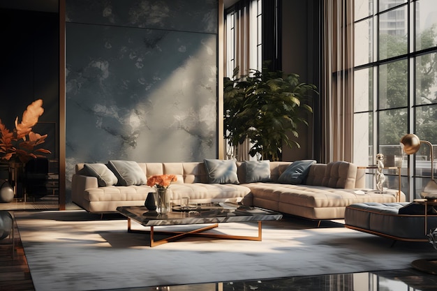 detalles metálicos y superficies reflectantes en una sala de estar moderna