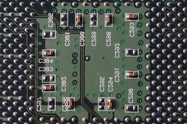 Foto detalles del microchip del procesador comptuer y la placa base de vista cercana el trasfondo de la innovación de hitech