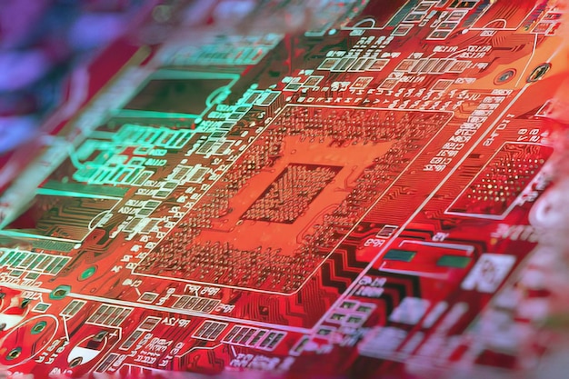 Detalles del microchip del procesador Comptuer y la placa base de vista cercana El trasfondo de la innovación de Hitech