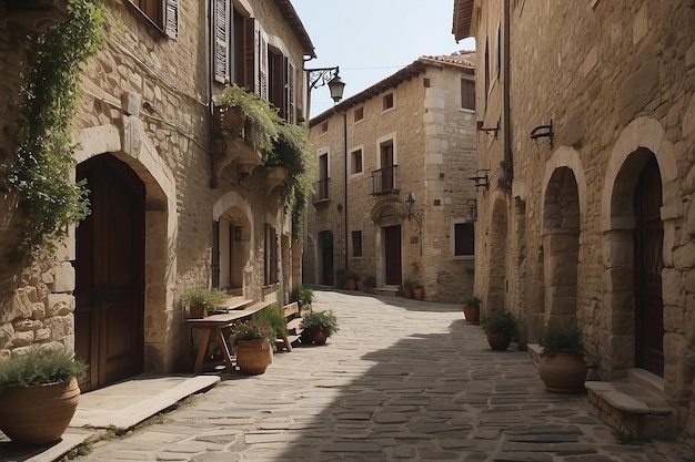 Detalles del pueblo medieval italiano callejón de piedra histórico calle de médula antigua edificios de piedra de la ciudad antigua