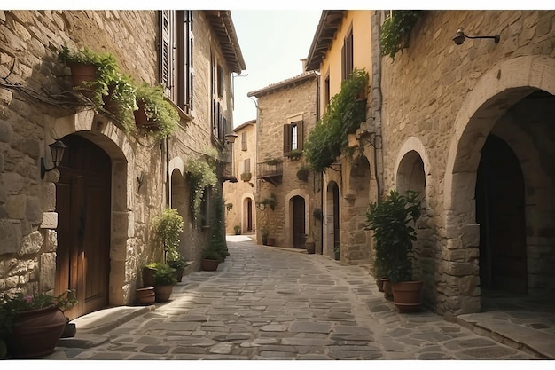 Detalles del pueblo medieval italiano callejón de piedra histórico calle de médula antigua edificios de piedra de la ciudad antigua