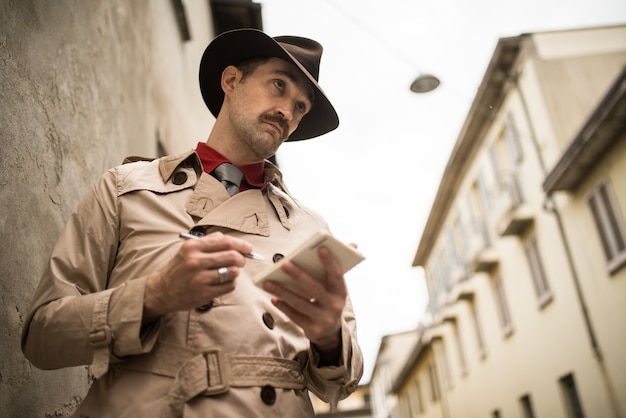 Detective escribiendo en un cuaderno mientras está parado contra una pared vieja