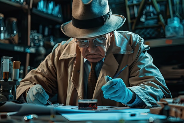 Foto el detective examinando las pruebas en el escritorio