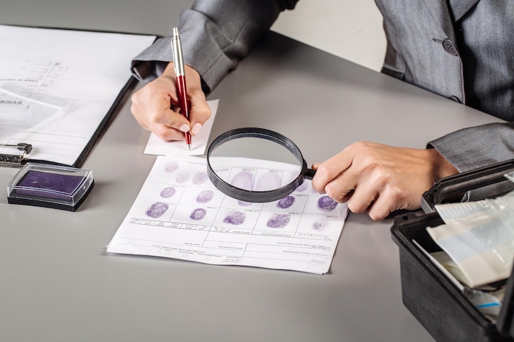 Foto detective experto escribe datos en la tabla de huellas dactilares