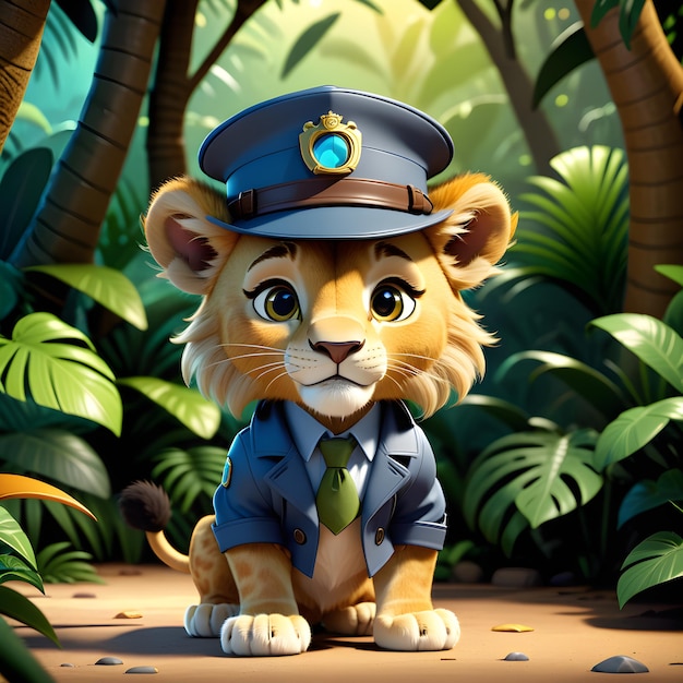 detective león en un uniforme de policía en la jungla