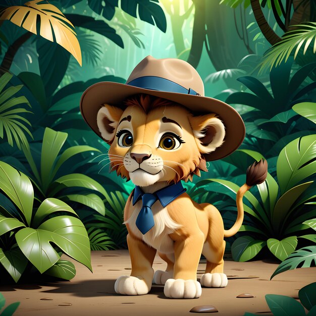 Foto detective león en uniforme de policía de pie en la jungla