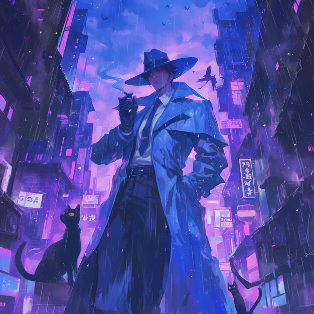 Detective misterioso en la calle de la ciudad lluviosa