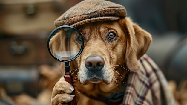 Detective perro disfrazado examinando pistas con vidrio