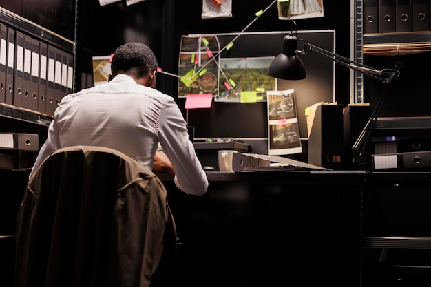 Foto detective sentado na mesa do local de trabalho e conduzindo investigação tarde