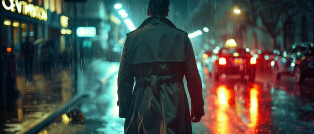 Detective Trenchcoat Resolviendo un crimen Caminando por una calle de la ciudad lluviosa Clima lluvioso Fotografía Luces de fondo Efecto Motion Blur Visión de disparo de mano