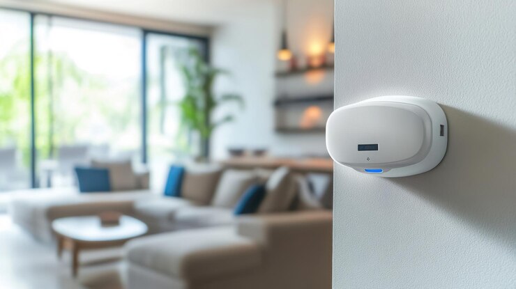 Foto detector de radônio de escudo doméstico em uma prateleira da sala de estar simbolizando monitoramento seguro do ar interior para detecção de gás radônio