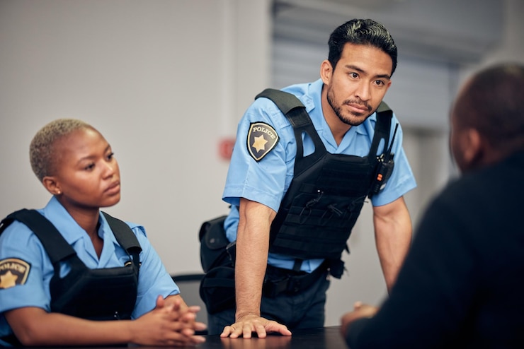 Foto detenção de interrogatório e equipe policial com um suspeito para perguntas como policiais crime de segurança ou investigação com um homem sério e uma mulher policial conversando com uma testemunha para obter informações