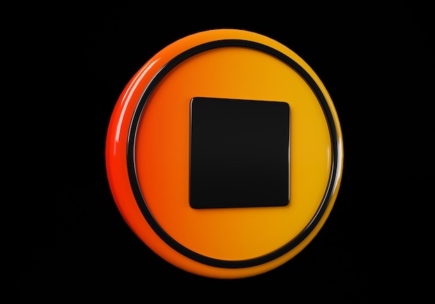 Detener botones de botón multimedia Icono brillante con marco amarillo y con ilustración 3d de reflexión sobre fondo negro