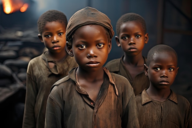 Detener la guerra Foto en primer plano de un grupo de niños africanos con ropa sucia de pie en el medio de una calle bombardeada y mirando a la cámara