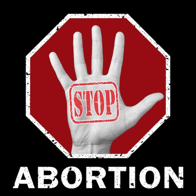 Detener la ilustración conceptual del aborto. Mano abierta con el texto detener el aborto. Problema social global