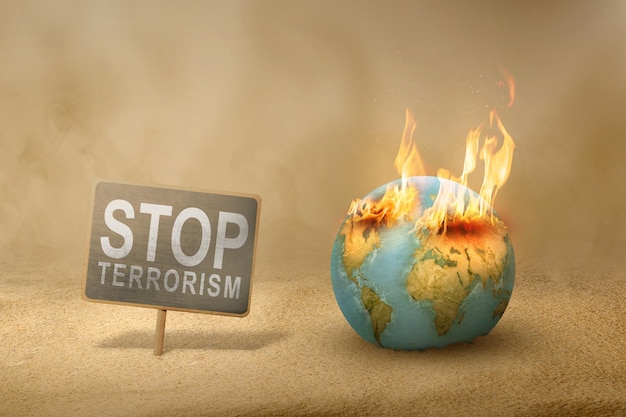 Detener el terrorismo firmar en tablero de madera