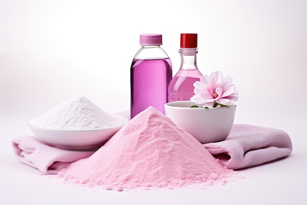 Detergente rosa y productos de limpieza blancos