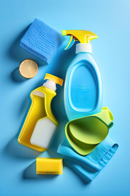 Detergentes accesorios de limpieza guante de goma amarillo sobre fondo azul