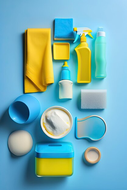 Detergentes accesorios de limpieza guante de goma amarillo sobre fondo azul