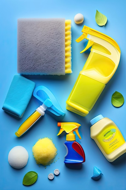 Detergentes accesorios de limpieza guante de goma amarillo sobre fondo azul