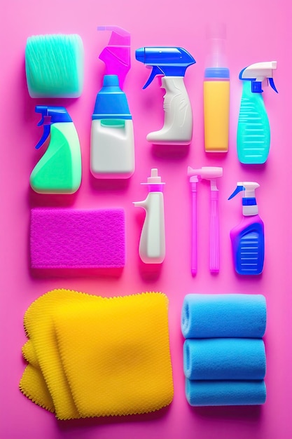 Detergentes accesorios de limpieza guantes de goma rosa sobre fondo rosa y azul