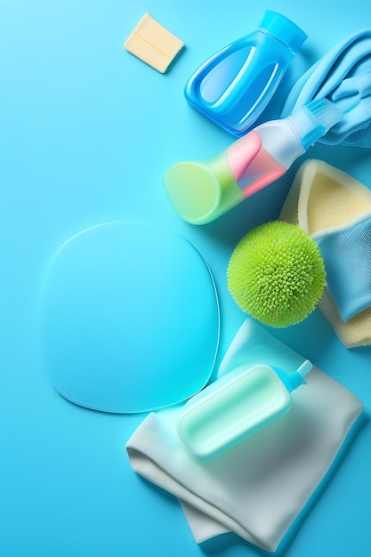 Detergentes, acessórios de limpeza, luva de borracha e panos para lavar louça em um fundo azul