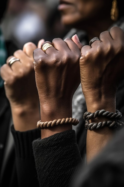 Determinação de desafio e direitos civis com mãos de mulher em protesto