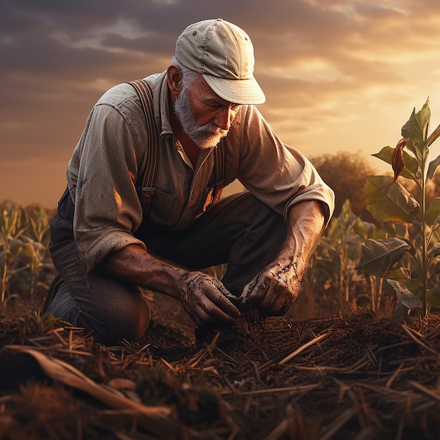 determinación de un agricultor cuidando sus campos que simbolizan el trabajo duro y la agricultura