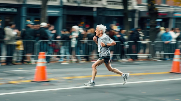 La determinación y la perseverancia del corredor de maratón sénior en la jubilación Alcanzar las metas de aptitud