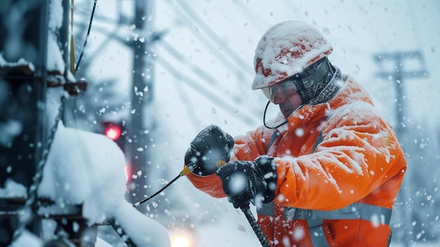 Determinación de un trabajador de ingeniería eléctrica manual en una fuerte tormenta de nieve