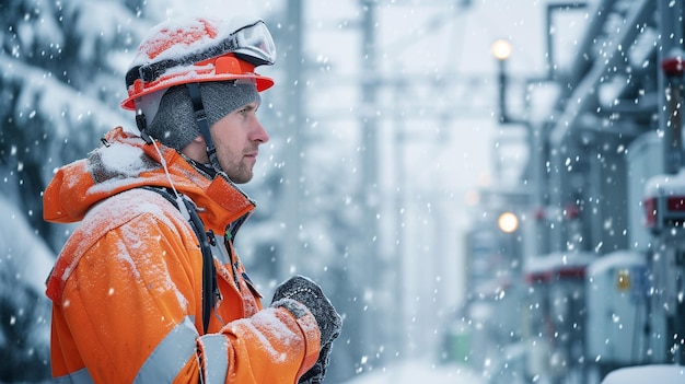 Determinación de un trabajador de ingeniería eléctrica manual en una fuerte tormenta de nieve