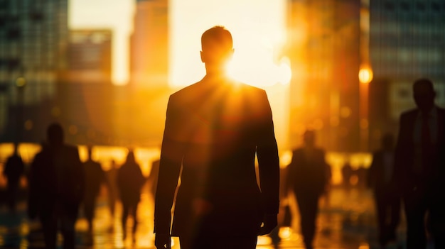 Determinado equipo de negocios siluetado contra el horizonte de la ciudad con intensa luz del sol de la tarde y larga S