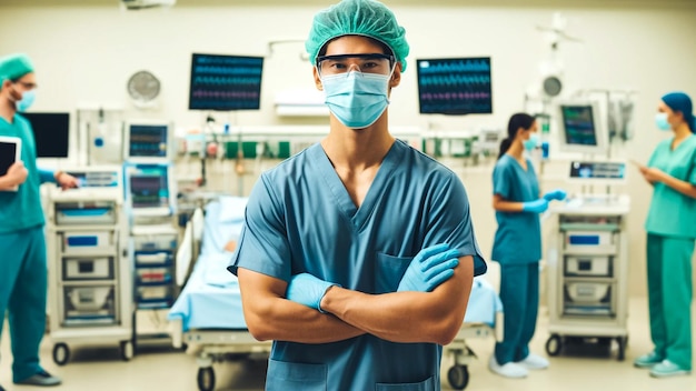 Foto determinado líder del equipo quirúrgico en un ocupado entorno hospitalario moderno