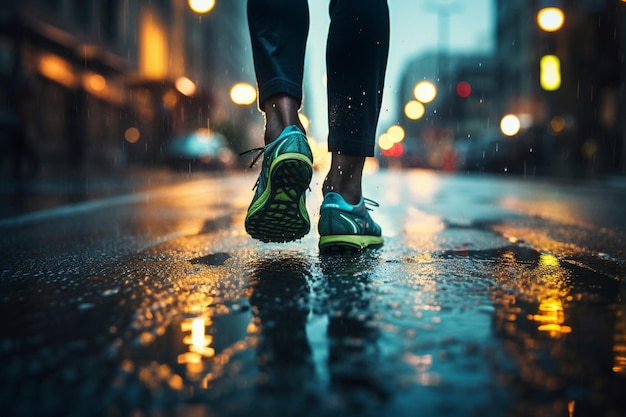 Determination in the rain un corredor ata su zapato en la lluvia reflejando las luces de la ciudad