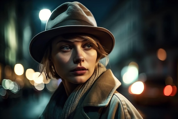 Detetive feminina de chapéu e casaco na rua da cidade à noite no estilo do filme noir Generative AI
