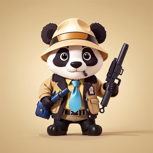 Detetive panda segurando uma arma ilustração de ícone vetorial de desenho animado