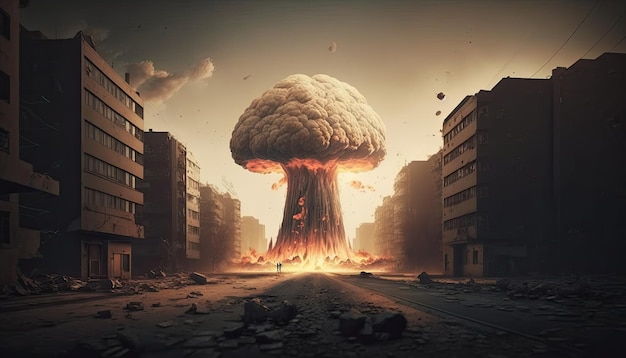 Detonação de bomba nuclear acima de uma cidade Momento terrível Generative AI