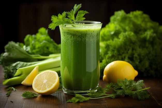 Foto detox-saft mit frischem petersilie, zeller und zitronensaft