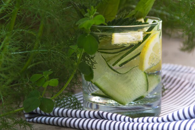 Detoxcocktail mit Gurke und Zitrone vor grünem Gras. Gesundes Konzept. Diät-Cocktail.