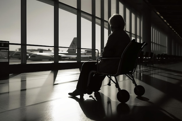 Detrás de una anciana sentada en silla de ruedas junto a la ventana del aeropuerto y mirando a través de ella IA generativa en blanco y negro