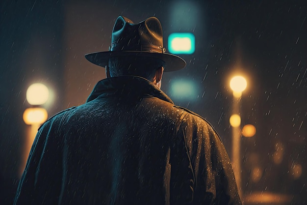 Detrás de un detective masculino con impermeable y sombrero en una ciudad nocturna de estilo noir